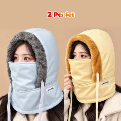 2 Pcs- Set Khaki and Ash Color Winter Thick Warm Windproof Hat with Ear Flaps
